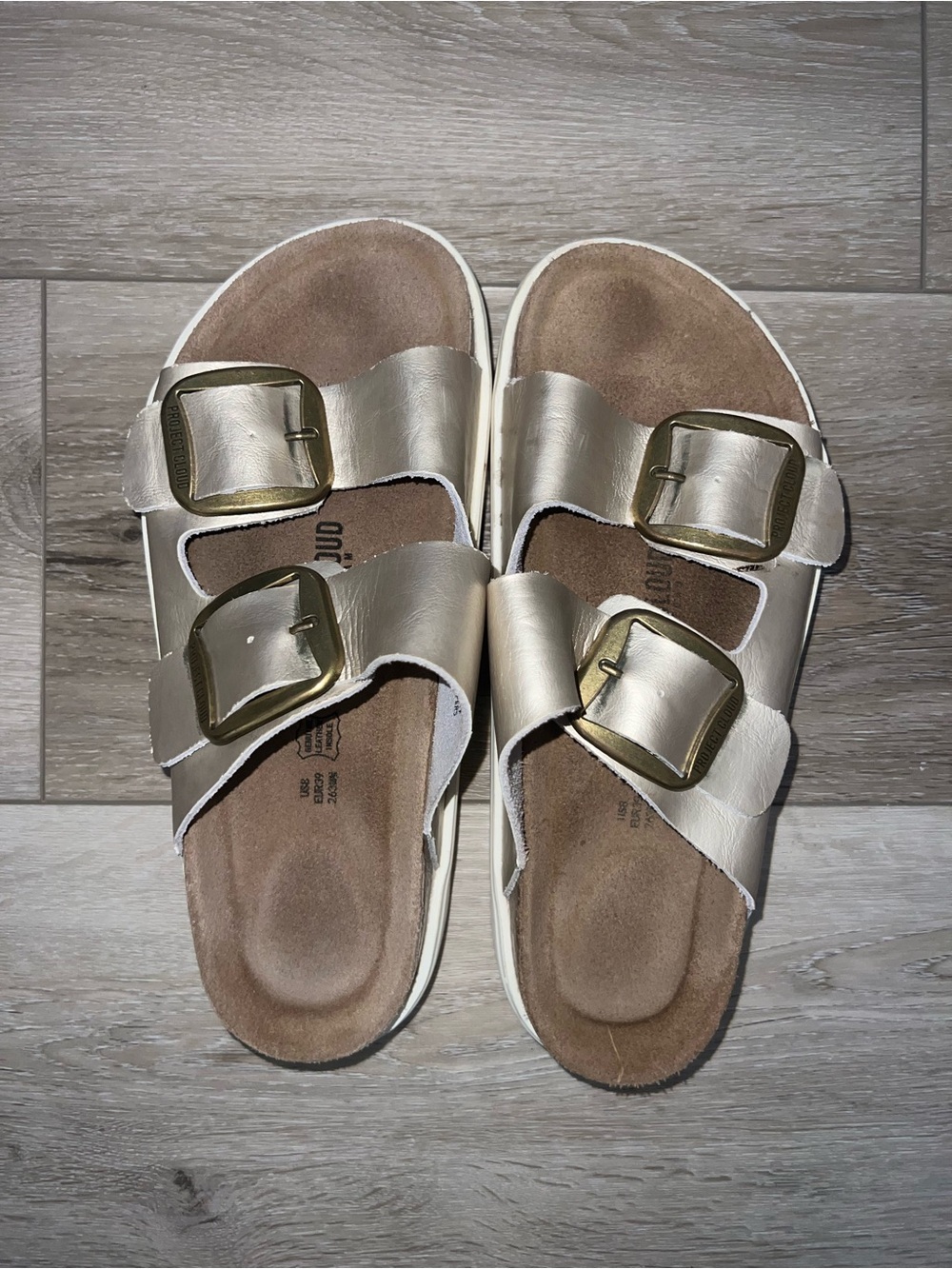 Project Cloud Metallic Gold Leather Double Buckle Sandals Size 8